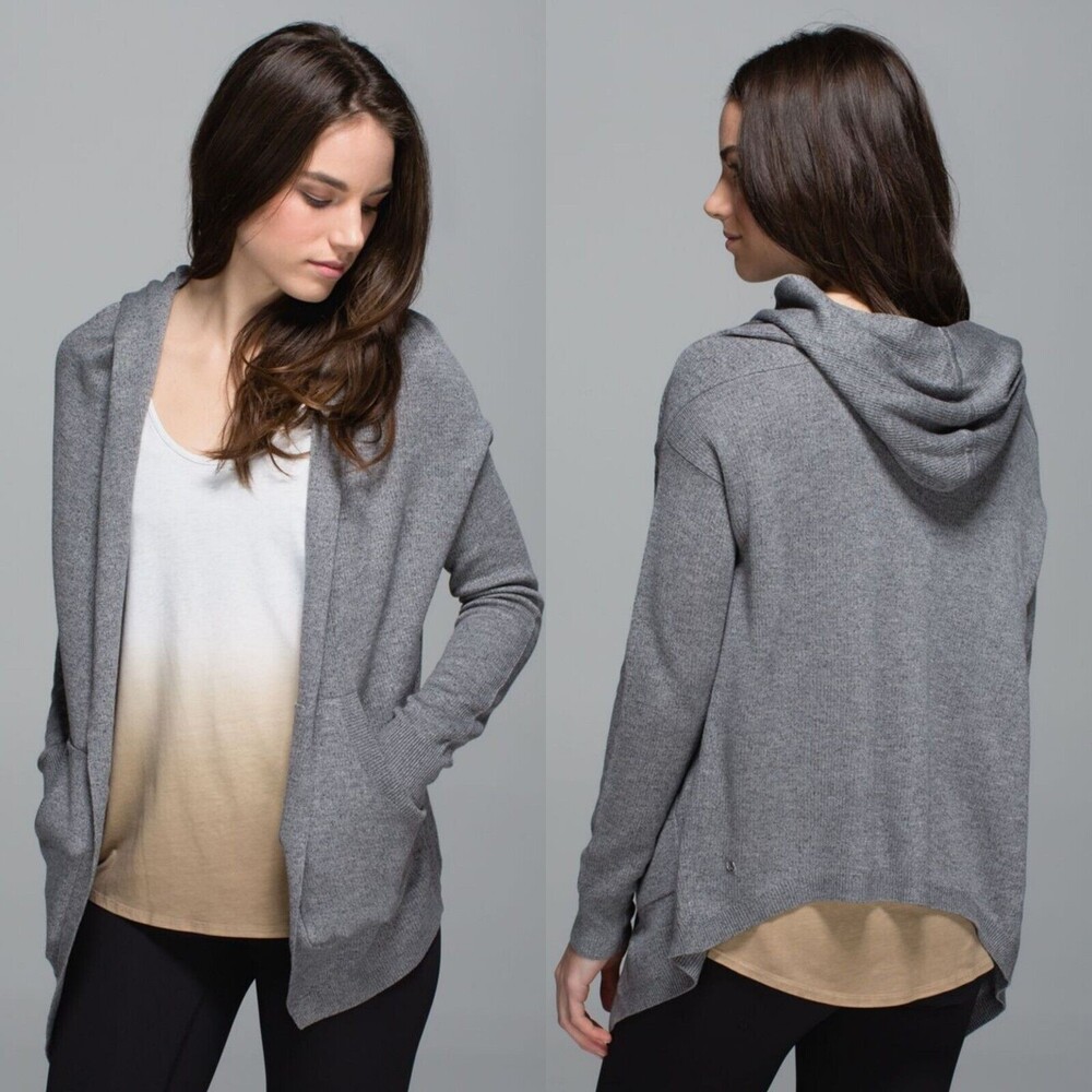 Cozy Lululemon Cabin Yogi hooded Wrap Heathered Gray with pockets open cardigan